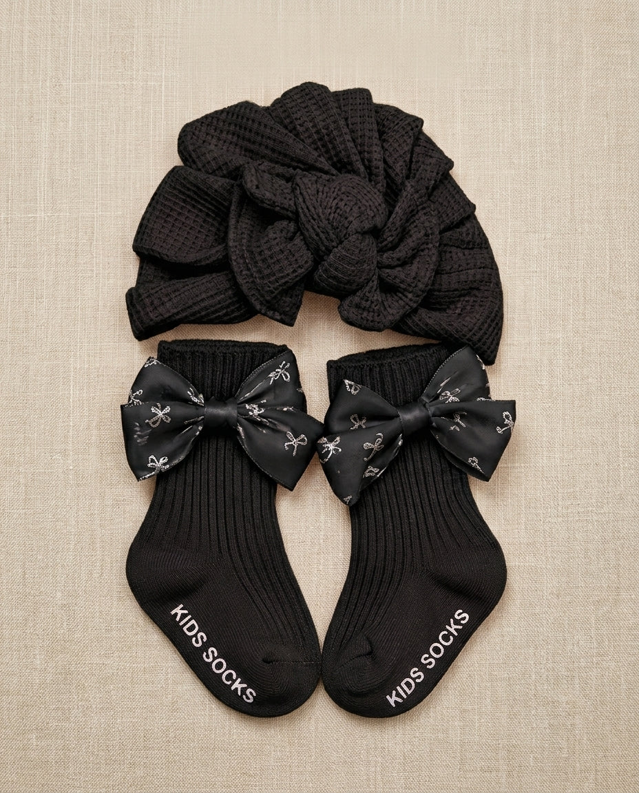 Baby Knitted Turban Hat & Bow Socks Set
